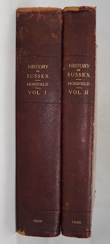 Horsfield, Rev. Thomas Walker – The History, Antiquities and Topography of the County of Sussex, 2 vol., 2 engraved portrait frontispieces, 54 plates, 2 folding maps, original boards with morocco spines, Lewes & London,